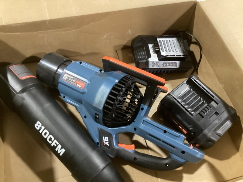 Condition photo showing As Is for (similar to )cordless leaf blower with 2 batteries, 580cfm brushless motor for easy lawn care & car drying, lightweight handheld blower ideal for women & seniors, fast charger included