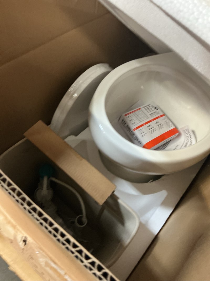 Condition photo showing As Is for two piece toilet, elongated bowl and locking pp lid - side push handle, cupc certified, water efficient 1.28 gpf, modern design 15.5"h /elongated bowl side press flush