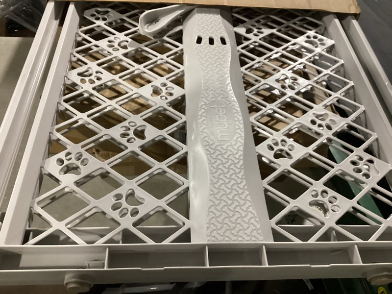 Condition photo showing As Is for mypet north states paws portable pet gate: 26-40" wide. pressure mount. no tools needed. made in usa. dog gate 23" tall, expandable, durable dog gates for doorways, light gray