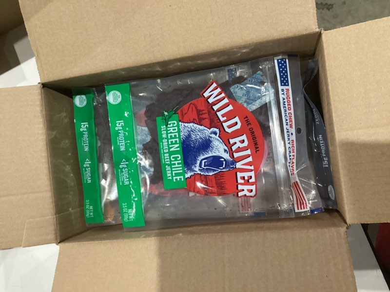 Condition photo showing New/Like New for Wild River Beef Jerky Variety Pack, Old Fashioned 100% Beef Jerky, Gluten Free - 2 Green Chile, Black Pepper, Original - Perfect Hunting Trip Meat Snack with 15g of Protein, 3.5 Ounce (Pack of 4)