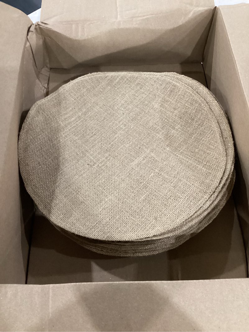 Condition photo showing Good Condition for yunlly 48 pcs 15 inches round burlap placemats bulk burlap farmhouse placemats set heat resistant table mats circle jute charger place mats for wedding holiday dinner rustic table decorations(brown) brown 15 in