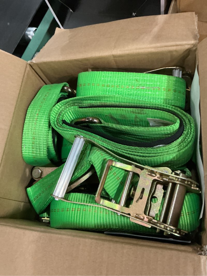 Condition photo showing As Is for trekassy 2in x 12ft car tie down straps for trailers with snap hooks, 10,000lbs break strength, (4) car hauler straps with ratchets, (4) axle straps- used for car, truck, utv transport green 144 inch