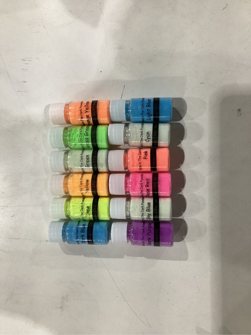 Condition photo showing Good Condition for glow in the dark powder 12 colors epoxy resin dye luminous pigment powder safe long lasting for fine art, diy nail art, epoxy resin colorant, diy crafts and theme party, 0.7oz each 12 colors glow powder