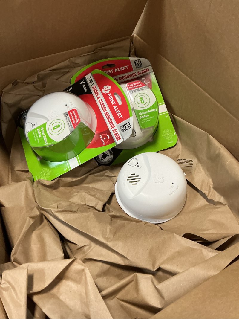Condition photo showing As Is for first alert combination smoke & carbon monoxide alarm, battery operated detector with test & silence button, smico100, 3-pack 3-pack precision detection smico100