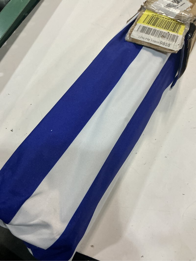 Condition photo showing As Is for 6.5 ft. portable beach umbrella with tilt, adjustable height, uv 40+ frilled outdoor sunshade, blue and white stripes