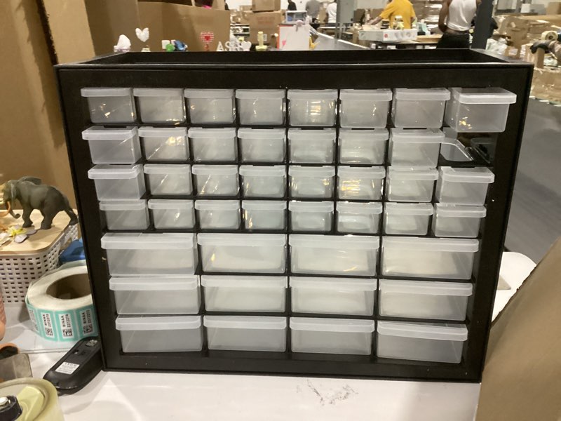 Condition photo showing As Is for **incomplete**(missing a little drawer)iris usa screw tool organizer small parts cabinet, 44-drawer, electronics hardware nuts and bolts plastic storage drawers garage storage, stackable bead craft organizer building bricks sorter, black black 44 drawer