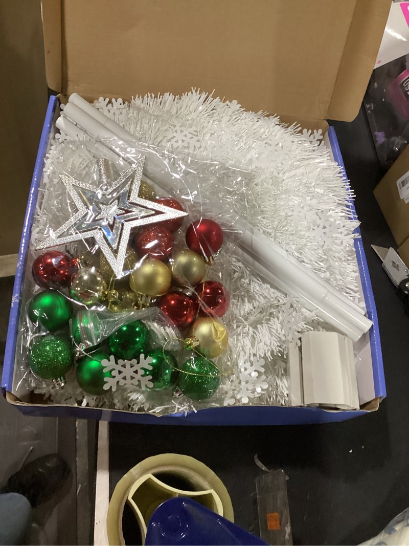 Condition photo showing Good Condition for (similar) 5 ft pop up christmas tree with timer lights and decorations, white tinsel artificial christmas tree with 24 balls ornaments, collapsible pencil tree for xmas home office party decor  - white 5ft