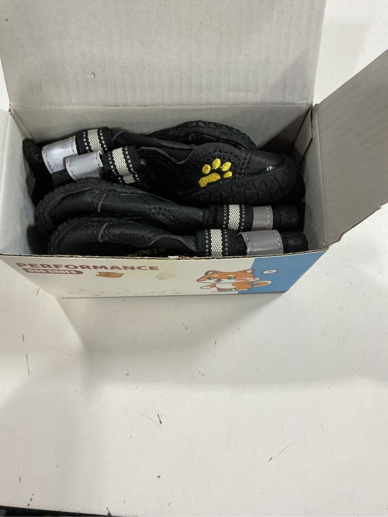 Condition photo showing New/Like New for QUMY Dog Shoes for Large Dogs, Medium Dog Boots & Paw Protectors for Winter Snowy Day, Summer Hot Pavement, Water-Resistant in Rainy Weather, Outdoor Walking, Indoor Hardfloors Skid-Resistant Sole Black Size 4: 2.2''x2.6''(W*L) (Pack of 4)