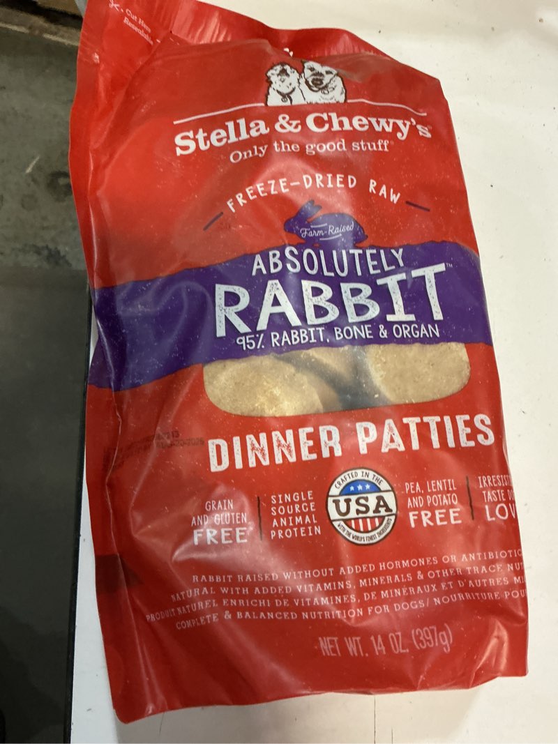 Condition photo showing New/Like New for ((AUG/20/2025)) Stella & Chewy's Freeze-Dried Raw Dinner Patties - Absolutely Rabbit Recipe - High Protein Grain-Free Puppy & Dog Food - Perfect For Picky Eaters - 14 oz Absolutely Rabbit 14 Ounce (Pack of 1)