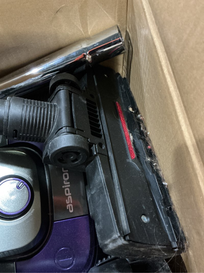 Condition photo showing As Is for aspiron 1700w canister vacuum cleaner, 45kpa bagless vacuum cleaner, multi-cyclonic filtration, 2 anti-allergen hepa filters, 3.5qt dust cup, 4 tools, corded vacuum for hard floor, pet hair, purple