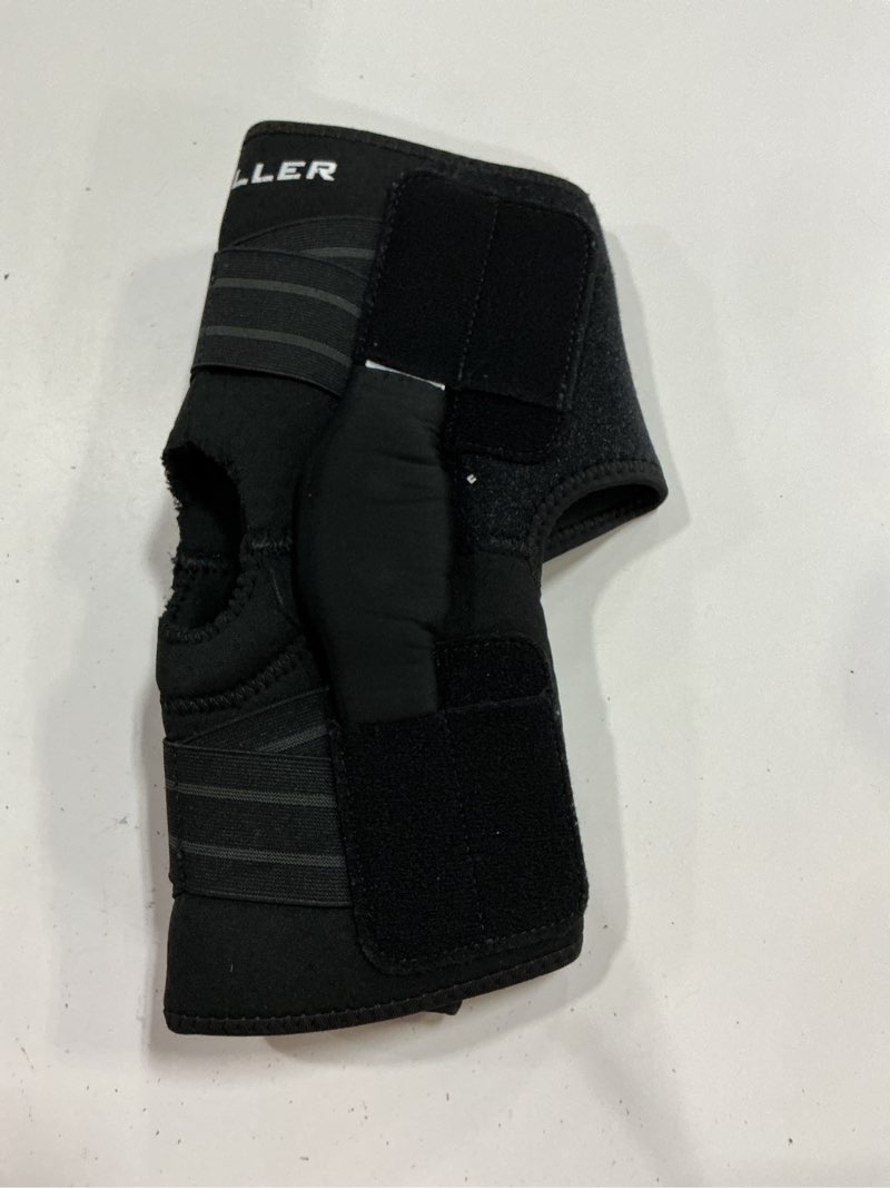 Condition photo showing As Is for mueller adjustable hinged knee brace, black, one size fits most