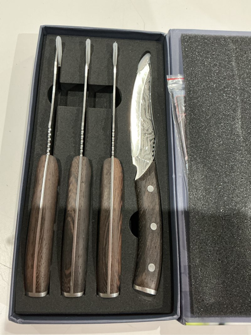 Condition photo showing Good Condition for syokami steak knives set of 4, 4.8 inch quality japanese style smooth edge meat knife with wood handle, damascus pattern full tang design, ultra sharp dinner knives with exquisite box, kitchen gifts set of 4 with gift box
