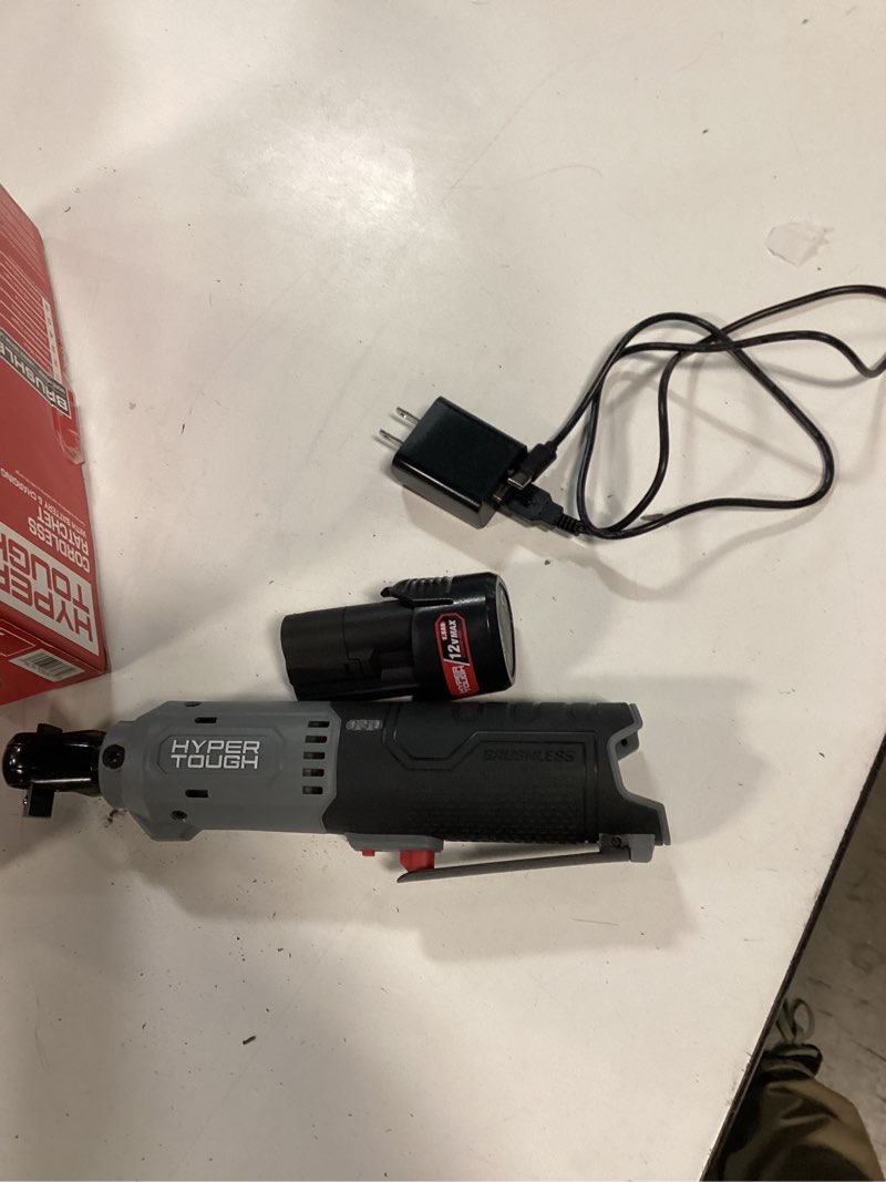 Condition photo showing As Is for hyper tough 12v brushless ratchet wrench with 1.5ah battery