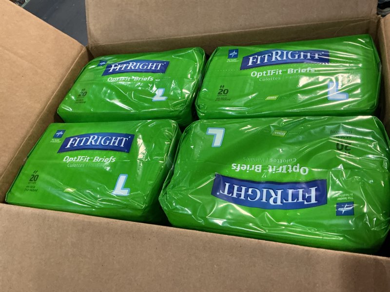 Condition photo showing New/Like New for fitright adult diapers, extra+ heavy absorbency, l (waist size 44in-56in), 80 count, optifit incontinence briefs for men and women, disposable, moisture-wicking, leak protection. 80 count large