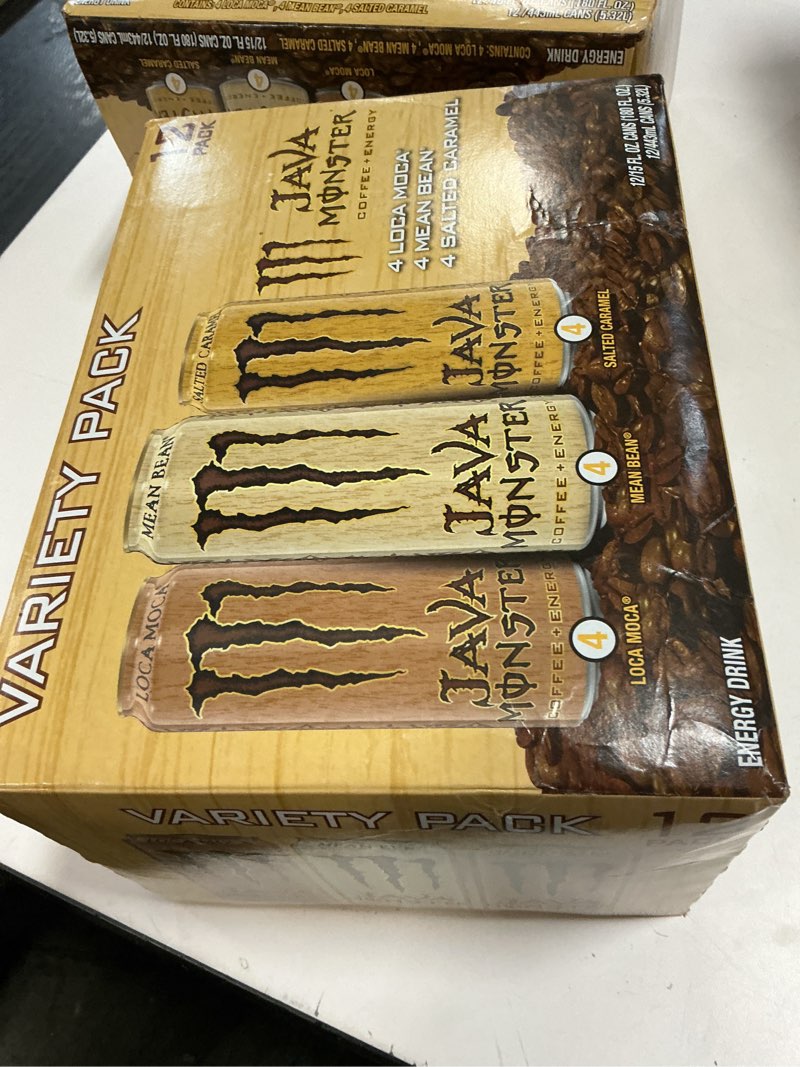 Condition photo showing New/Like New for (It has no expiration date)Monster Energy Java Monster Variety Pack, Java Monster Mean Bean, Java Monster Loca Moca, Java Monster Salted Caramel, Coffee + Energy Drink, 15 Ounce (Pack of 12)