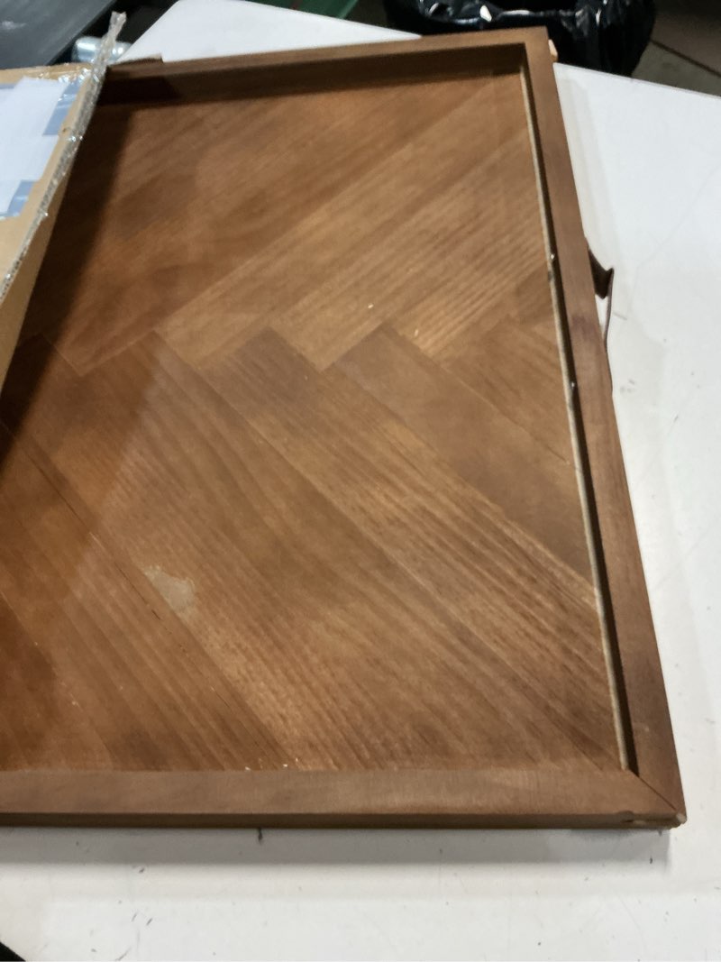 Condition photo showing As Is for large square ottoman tray 24.5"x24.5", wooden ottoman trays with leather handles, rustic decorative storage tray for ottoman 24.5" x 24.5" x 1.5"