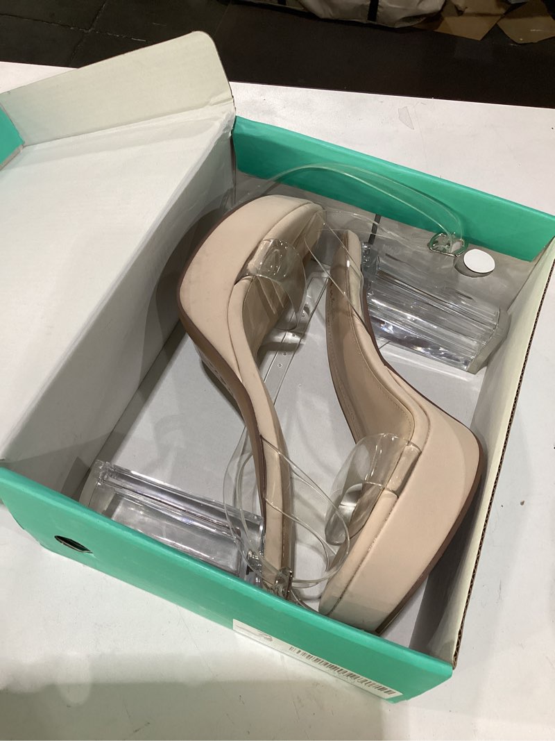 Condition photo showing Good Condition for ankis platform heels for women 4 inches chunky heels sandals for women comfy open toe block heeled sandals nude white silver gold black ankle strappy heels for women