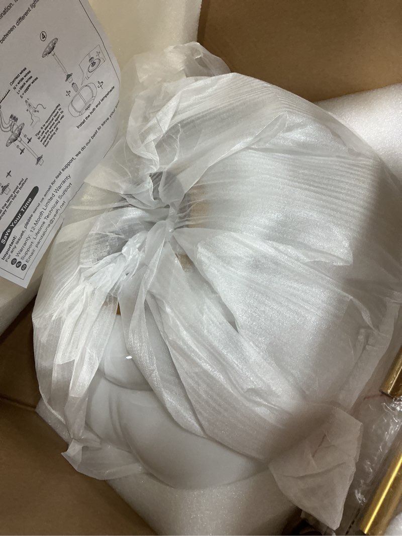 Condition photo showing Good Condition for 15in White Milk Glass Ceiling Light Fixture, LED Bulb Included, Vintage Semi Flush Mount Pendant Light Antique Brass Mid Century Art Deco Chandelier for Kitchen Dining Room Hallway Bedroom White 15in