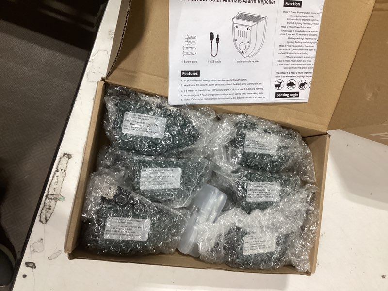 Condition photo showing Good Condition for qualirey 6 pcs night solar outdoor motion sensor alarm, nocturnal animal repeller outdoor, 130db sound alarm siren, loud noisemaker 3 modes for deer raccoon chicken coop home yard farm garden