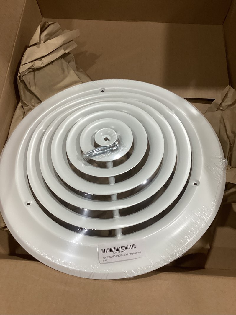 Condition photo showing Good Condition for HBW 12" Round Ceiling Diffuser White Powder Coated with Outside Dimension of 16" Fitting in 12" Duct
