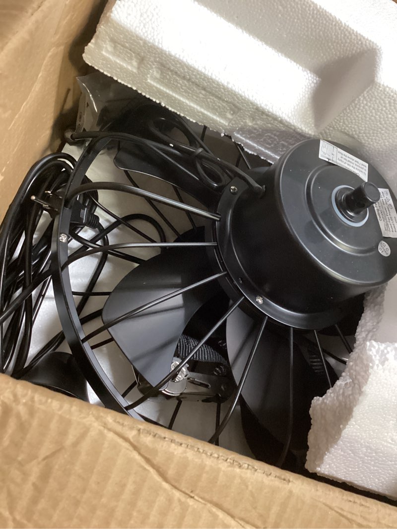Condition photo showing As Is for zebozap 16" outdoor ceiling fan with lights, ip65 waterproof with for patios, canopy, gazebo, and pergola. plug in caged fan with remote control, quick strap-on installation | 3 lights 6-speeds fan
