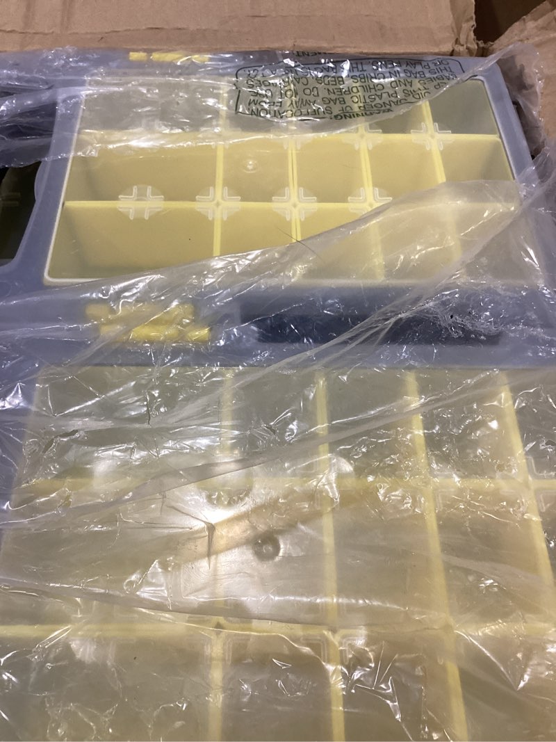 Condition photo showing As Is for Storage Organizer Tool Box Set - Set of 4 Plastic Clear Top Parts, Craft, and Hardware Organizers with 3 Sized Compartments by Stalwart (Yellow/Black)