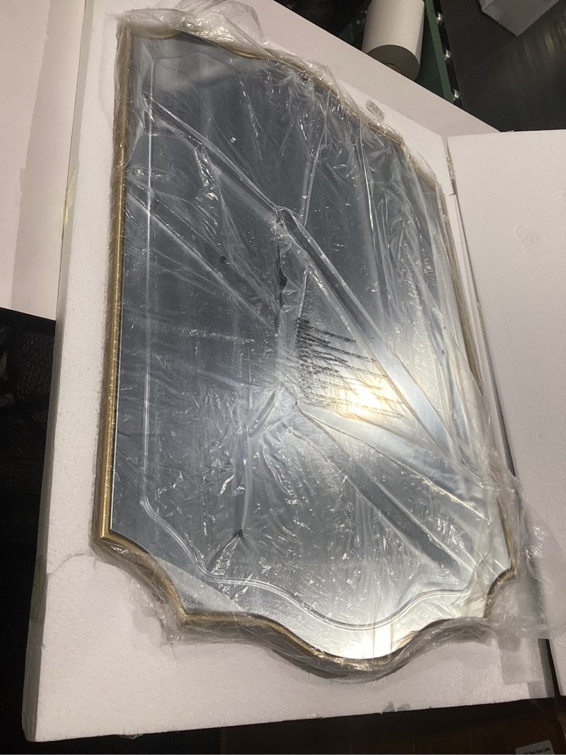Condition photo showing New/Like New for pozino gold scalloped mirror, 24"x36" modern rectangle aesthetic mirror with wood frame, irregular wavy mirrors for bathroom living room bedroom entryway hallway, hangs vertically or horizontally 36"l x 24"w gold scalloped
