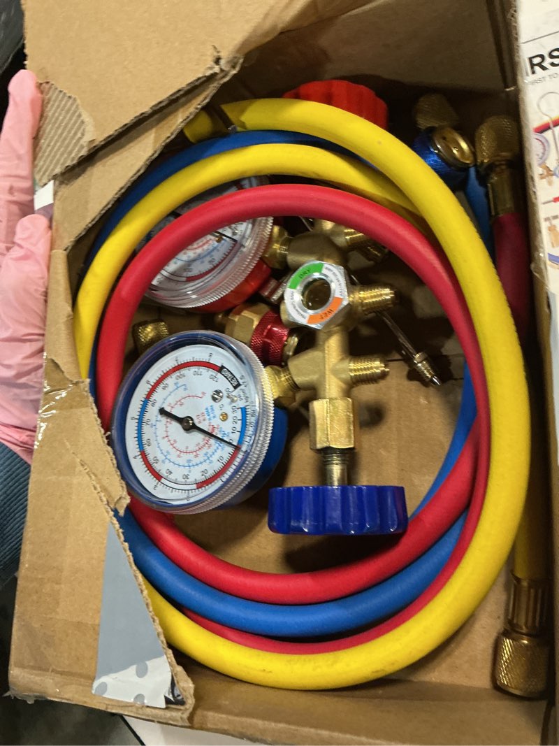 Condition photo showing Good Condition for 3 way ac manifold diagnostic gauge set for r134a r404a, with 3 feet charging hoses quick coupler adapter and can tap, for auto air conditioner refrigerant test and recharge