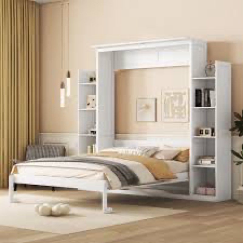 (box 1 of 4) queen size murphy bed wall bed with shelves and led lights,wood wall bed can be folded into a cabinet, modern foldable bed frame for multipurpose guest room or home office (white@095)
