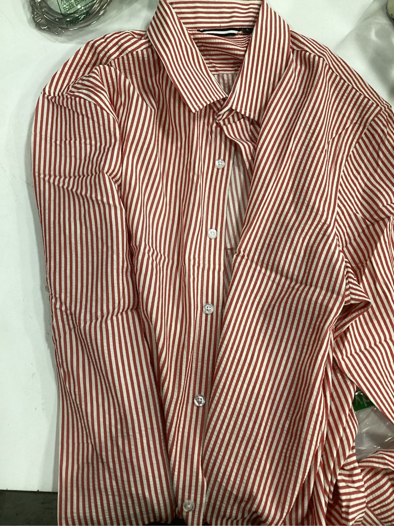 Condition photo showing Good Condition for Alex Vando Mens Seersucker Dress Shirts Striped Business Casual Cotton Shirts for Men Large Red Stripe