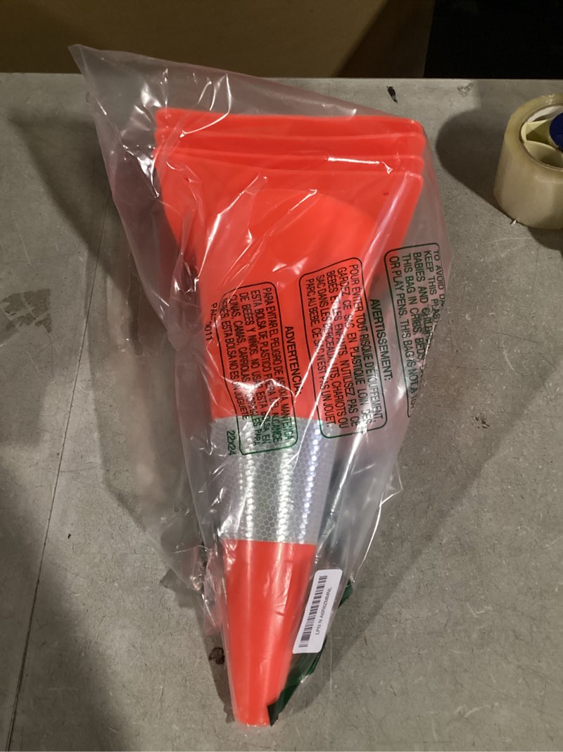 Condition photo showing Good Condition for 15 inch Traffic Safety Cones with Reflective Collars,[4 Pack]Orange Construction Cones| Parking Cones| Soccer Training Cones |Road Cones for Parking lot, Driveway, Sport and Driving Training. 15in Orange