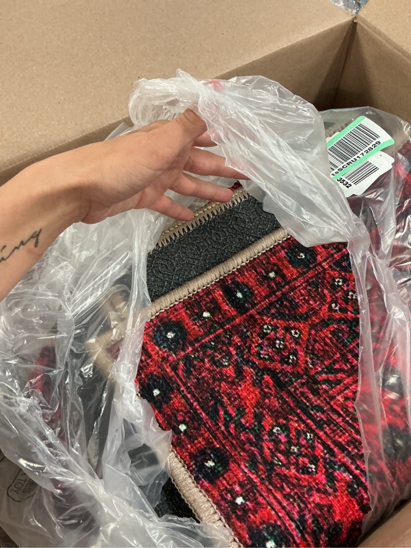 Condition photo showing As Is for keen home design 48"x72" rug - machine washable area rug with non-slip backing, ideal for living room, dining room, bedroom - vintage, easy clean, durable, low pile rug - (4' x 6') 4' x 6' (rectangular) red/burgundy