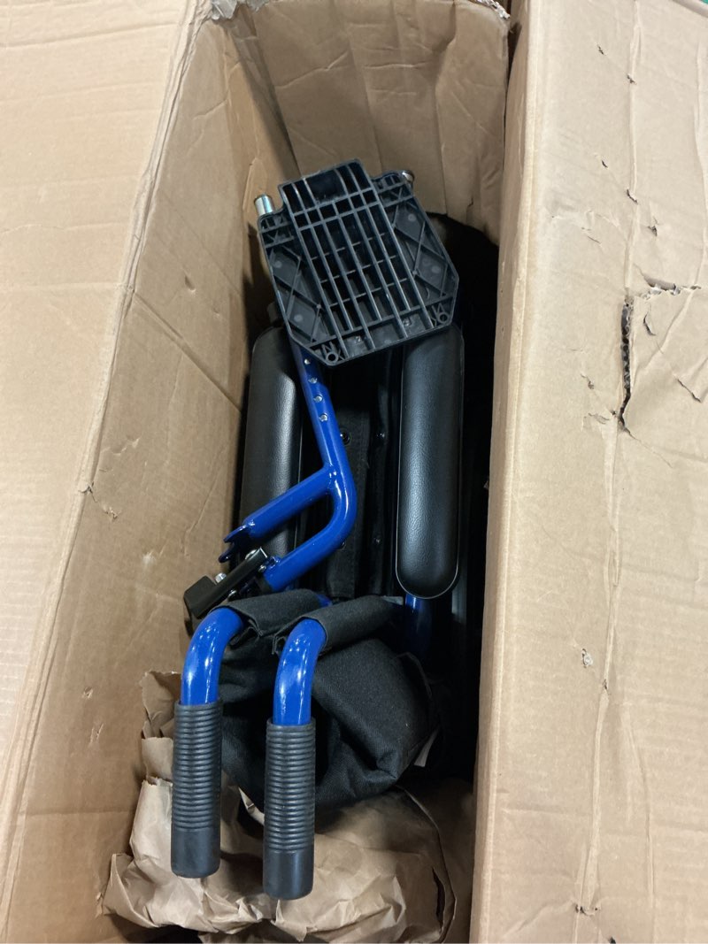 Condition photo showing Good Condition for drive medical blue streak lightweight wheelchair - portable folding mobility aid - swing-away footrests - desk arms - durable steel frame - easy transport & storage - 18-inch seat 18 inch