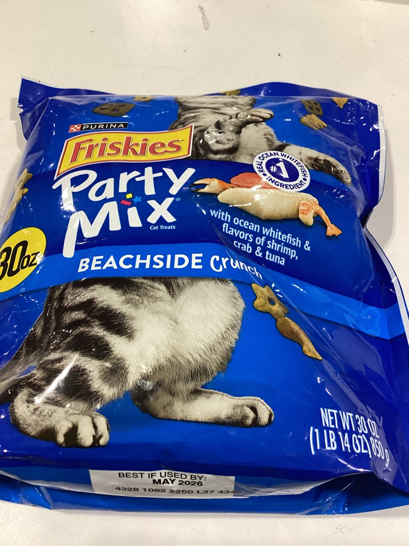 Condition photo showing New/Like New for Purina Friskies Cat Treats, Party Mix Beachside Crunch - 30 oz. Pouch 1.88 Pound (Pack of 1)