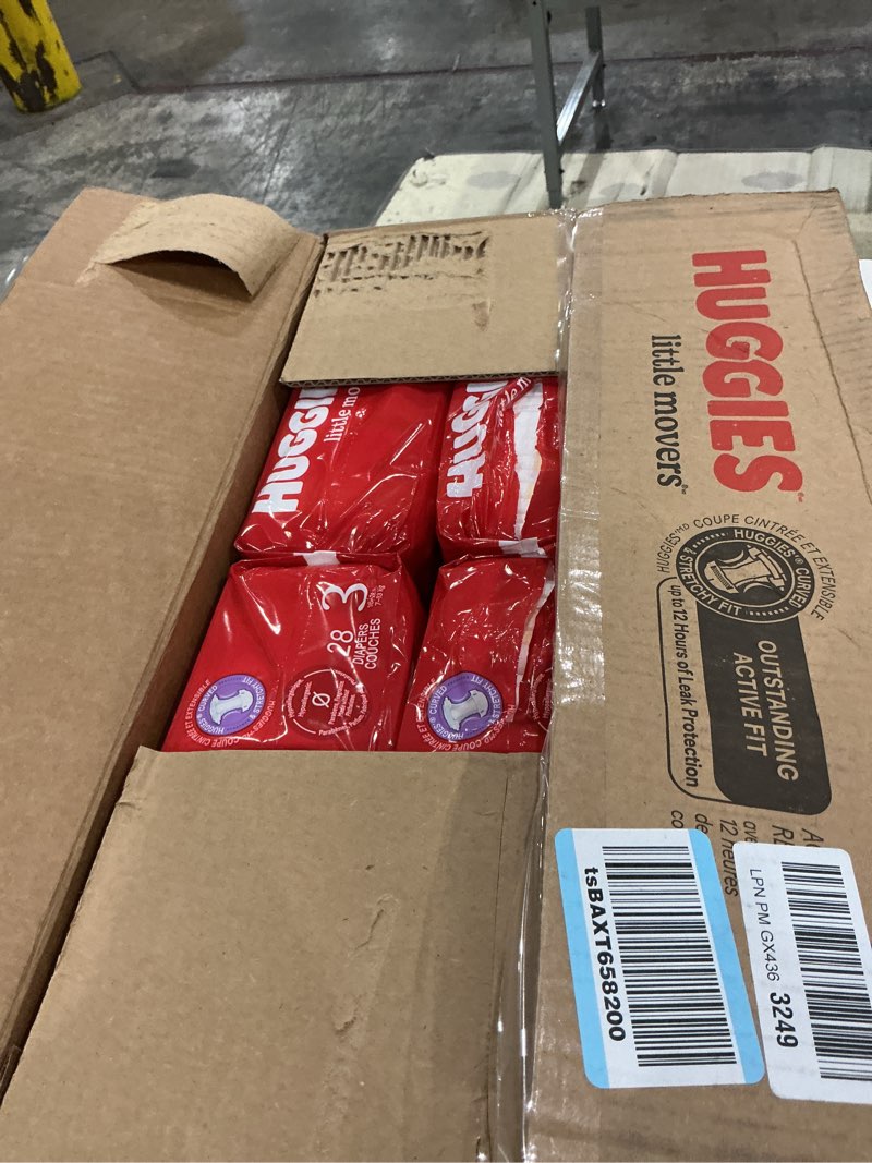 Condition photo showing New/Like New for huggies size 3 diapers, little movers baby diapers, size 3 (16-28 lbs), 168 count (6 packs of 28), packaging may vary size 3 168