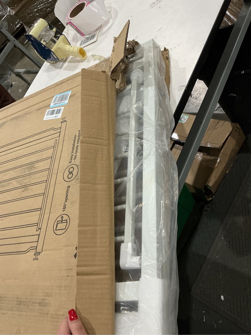 Condition photo showing Good Condition for extra wide baby gate 57.5-62.2 pressure mounted,child dog pet safety gates with walk through door for doorways stairs no drilling in door,white 57.5-62.2inch
