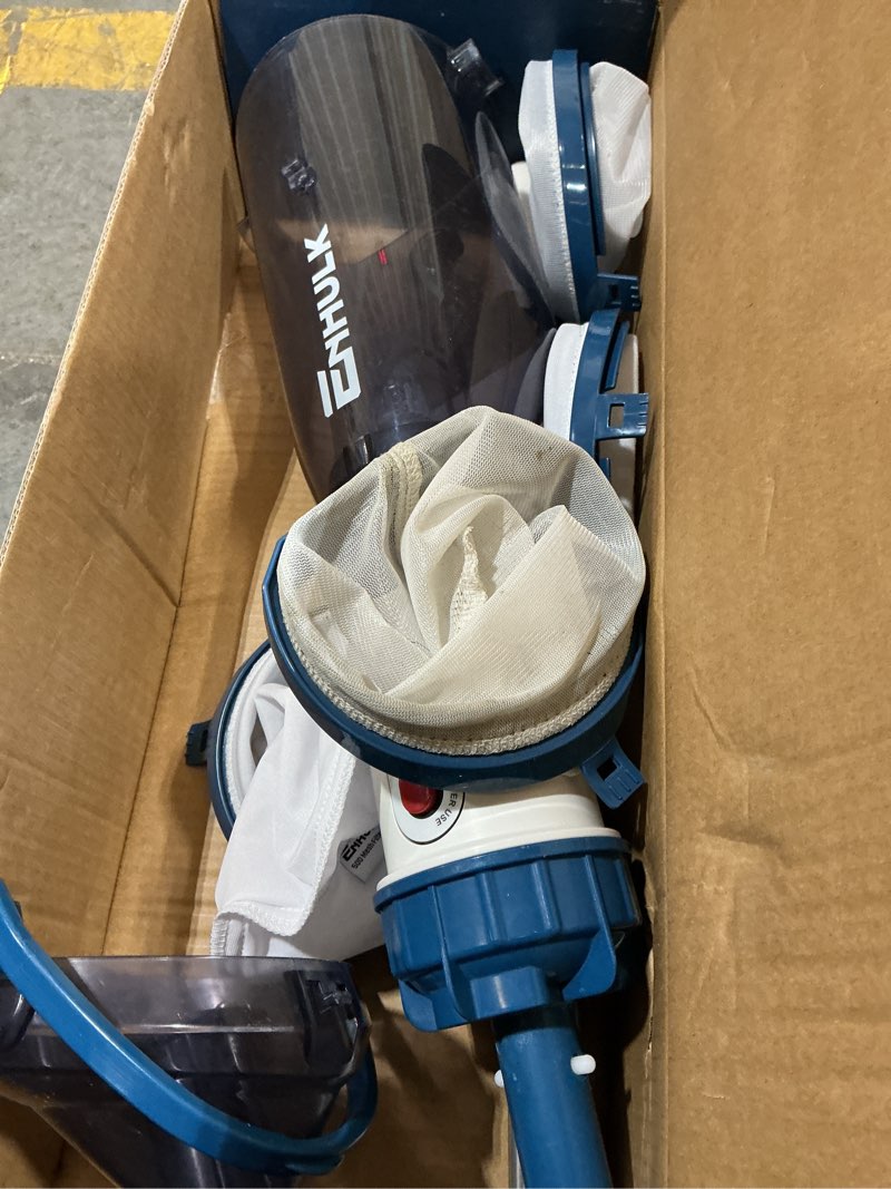Condition photo showing As Is for pool vacuum for above ground pool with a telescopic pole, running time up to 1h, handheld rechargeable pool cleaner with powerful suction up to 18.5 gallons/min, ideal for leaves & debris, pc10