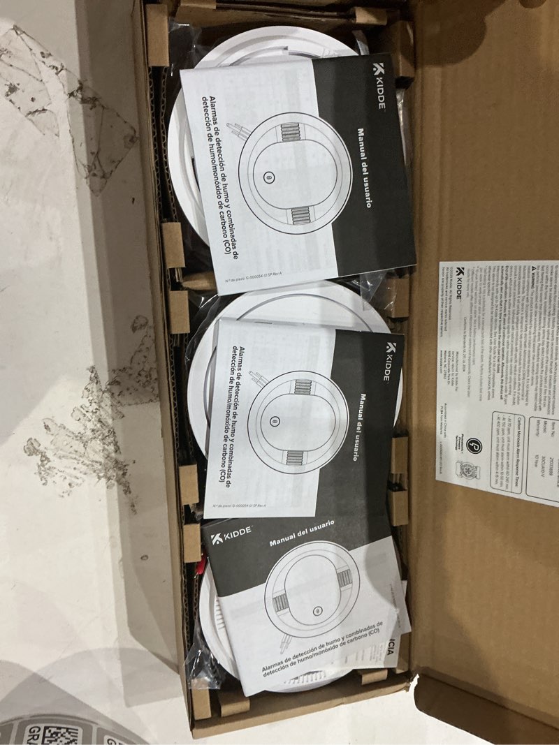 Condition photo showing As Is for kidde hardwired smoke & carbon monoxide detector for home, voice alerts, 10-year battery backup, 3-pack 3 pack