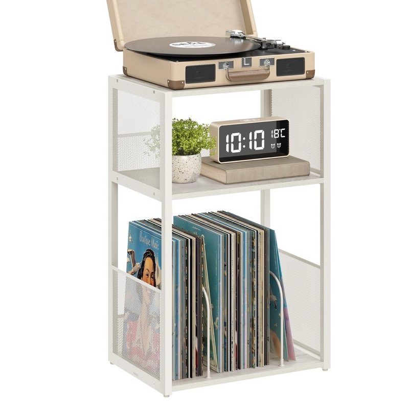 vasagle record player stand, 3 tier side table, record storage up to 100 albums, side table for living room, bedroom, white let275w01