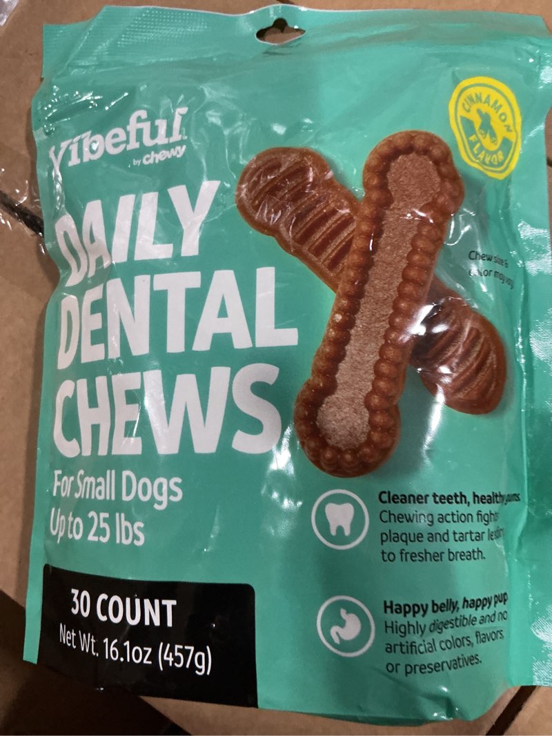 Condition photo showing New/Like New for (BBD 03/12/26). Vibeful Small Daily Dental Chews for Dogs 25 lbs Chicken Flavor, 30 count