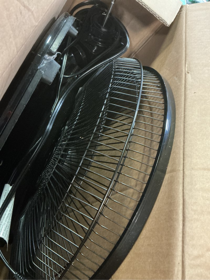 Condition photo showing As Is for amazon basics 16" pedestal fan with remote, floor fan, standing fan for bedroom, living room, office, with 3 speeds, 3 modes, timer, dual-layered blades, adjustable height, tilt head, 60w, black 3-speed, ac motor