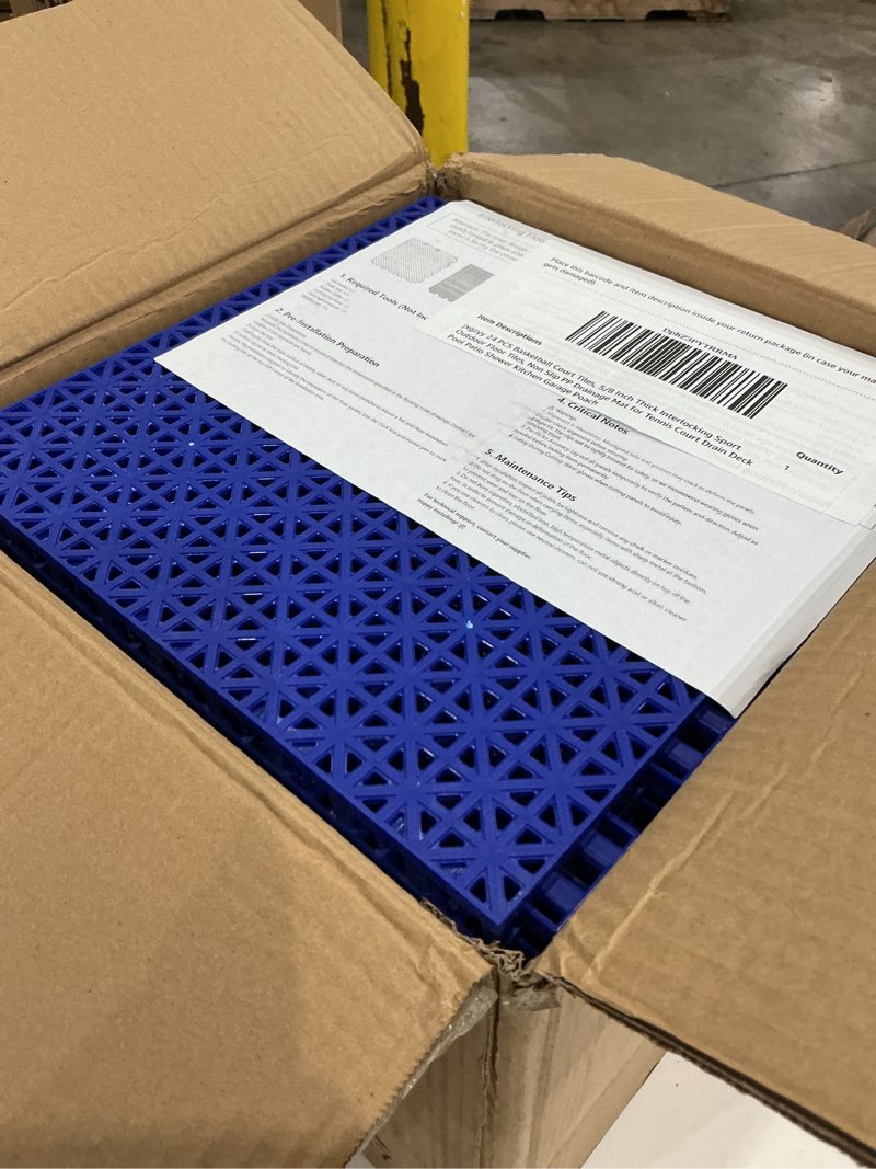 Condition photo showing Good Condition for jxgzyy 24 pcs basketball court tiles, 5/8 inch thick interlocking sport outdoor floor tiles, non slip pp drainage mat for tennis court drain deck pool patio shower kitchen garage poach blue