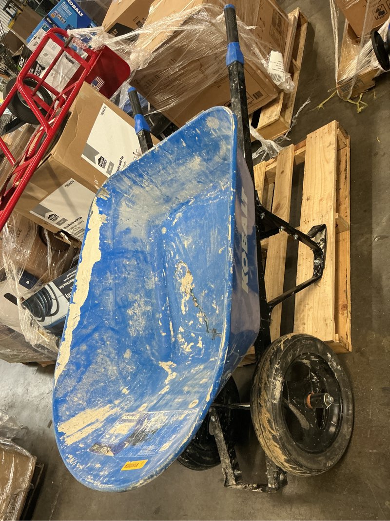 Condition photo showing As Is for kobalt 7-cu ft 2 wheel steel push wheelbarrow flat-free tire