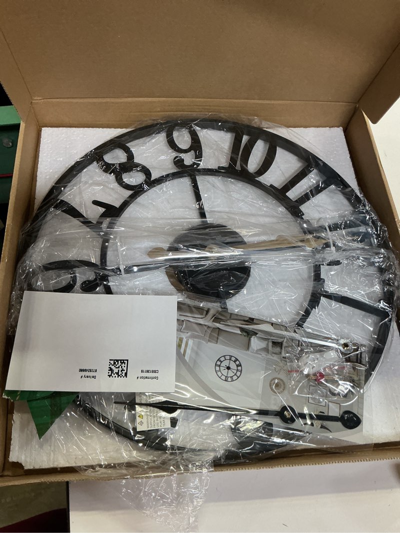 Condition photo showing Good Condition for LEIKE Large Wall Clocks,Silent,Non Ticking,Battery Operated Rustic Round Modern Big Metal Wall Clock for Living Room, Bedroom,Kitchen,Farmhouse,Office,Home Decor-16 Inch(Black-Arabic Number) 16 IN Black Metal-arabic Number