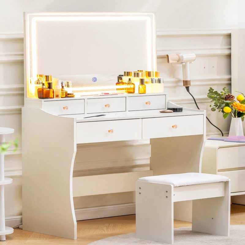 comhoma makeup vanity table and chair set with 5 drawers and charging station, mirror and lights included b200