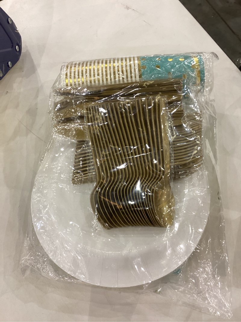 Teal and Gold Party Supplies 140 Pieces Gold Dot Disposable Party Dinnerware -Teal Paper Plates Napk