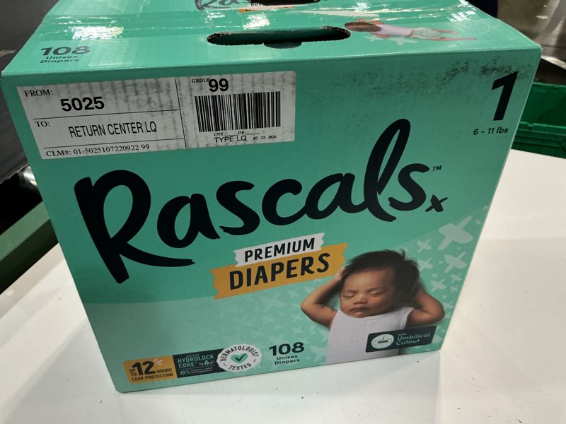Condition photo showing New/Like New for rascals premium absorbent baby diapers size 1, 108 count