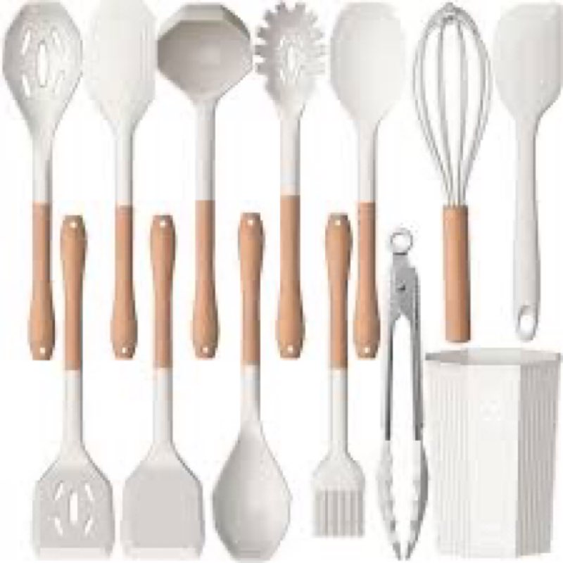 silicone cooking utensils set - avgpd silicone kitchen utensils for cooking wooden handles, 446°f he