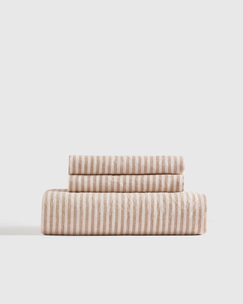 quince european linen stripe fitted sheet set terracotta/white stripe