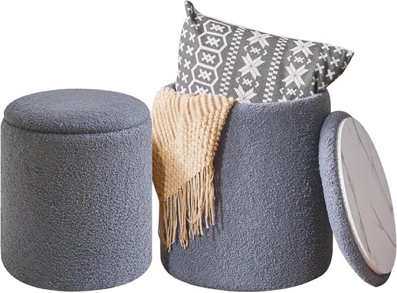 IBUYKE Storage Ottoman Set of 2 Round Ottoman for Dorm Teddy Fleece Vanity Stool with Storage Velvet Footrest Stool End Table Boucle Ottoman for Home Organization Gray UWBD015G
